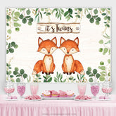 Lofaris Green Leaves And Foxes Its Twins Baby Shower Backdrop